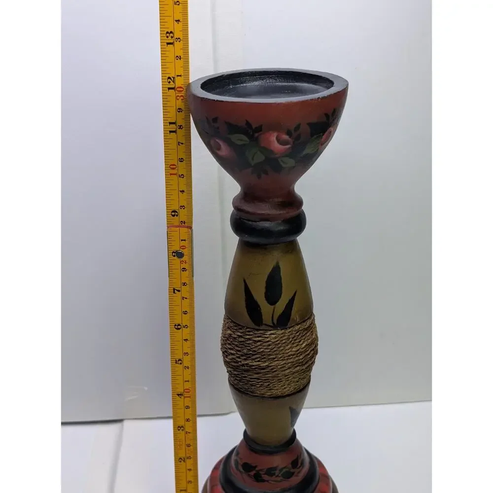 M Howe 2014 Signed Hand Painted Wood Candle Holder Floral Folk Art 12